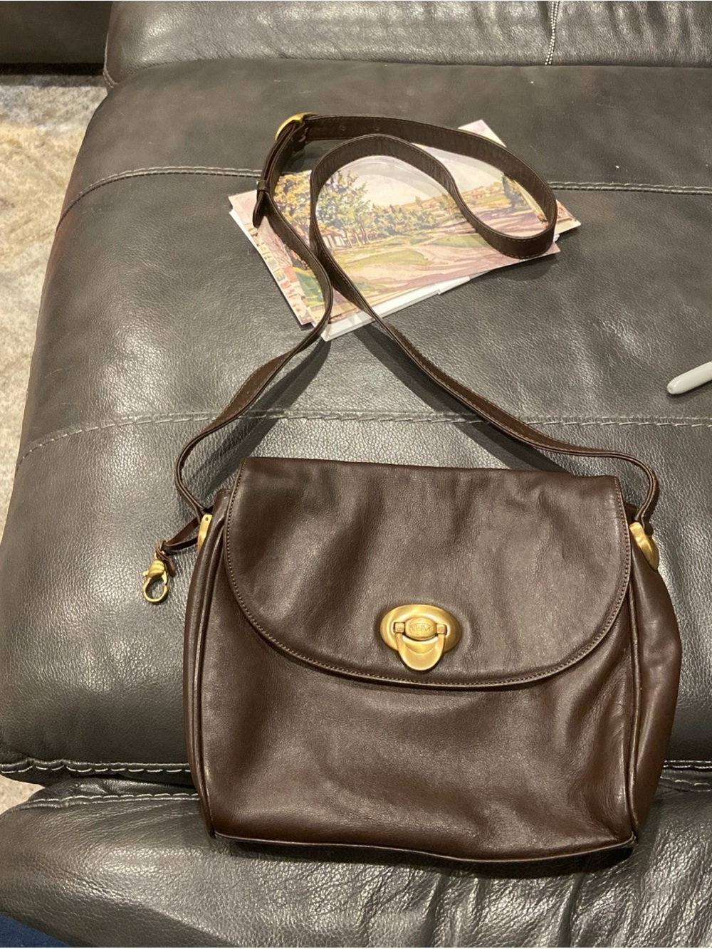 Rare Vintage TUMI Dark Brown Leather Shoulder Bag Crossbody Gold Tone Hardware